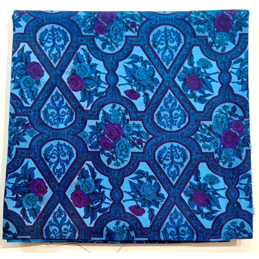 Vintage Blue Floral Medallion Cotton Fabric 42W x 38L Ornate Scroll Rose Print